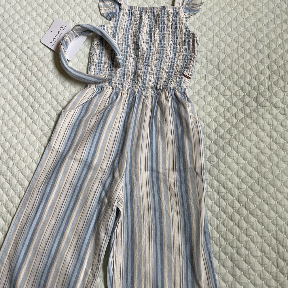 Tahari Kids One Piece with matching head band in Blue and Cream Stripes